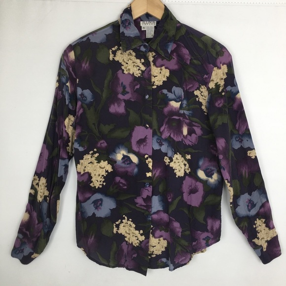 Allison Taylor Silk Blouse Dark Floral Button Up Women’s Size S Purple Feminine - Picture 2 of 10